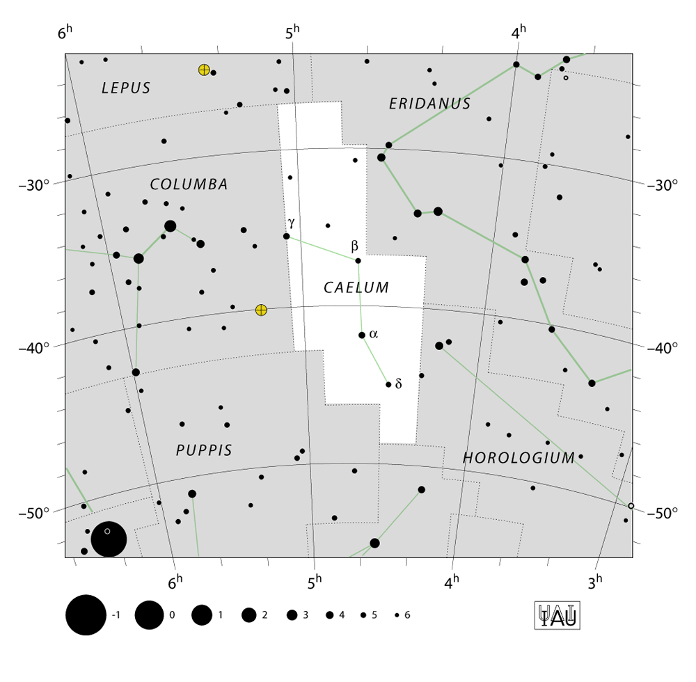 IAU-kaart van het sterrenbeeld Caelum – Graveerstift