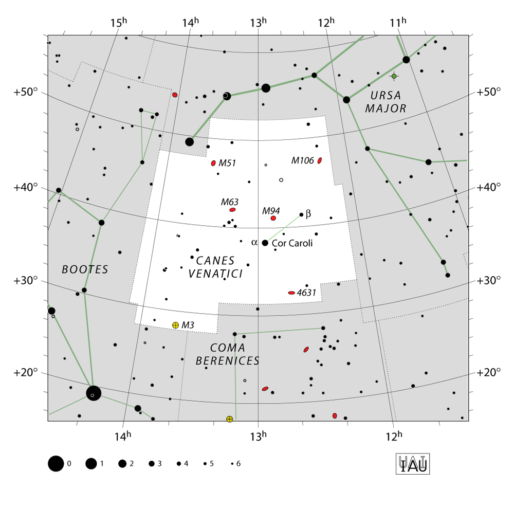 IAU-kaart van het sterrenbeeld Canes Venatici – jachthonden