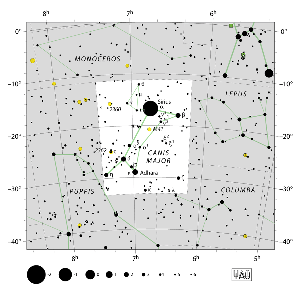 IAU-kaart van het sterrenbeeld Canis Major – Grote Hond