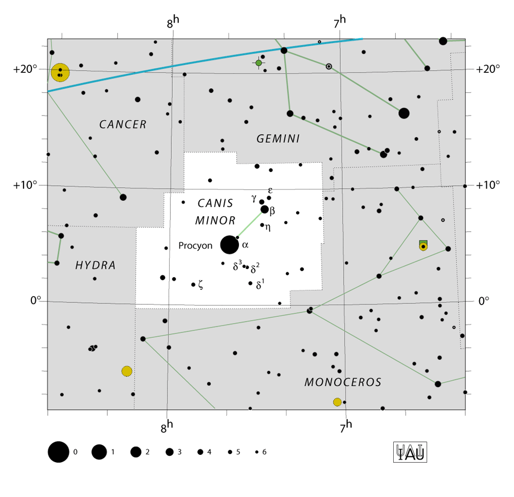 IAU-kaart van het sterrenbeeld Canis Minor – Kleine Hond