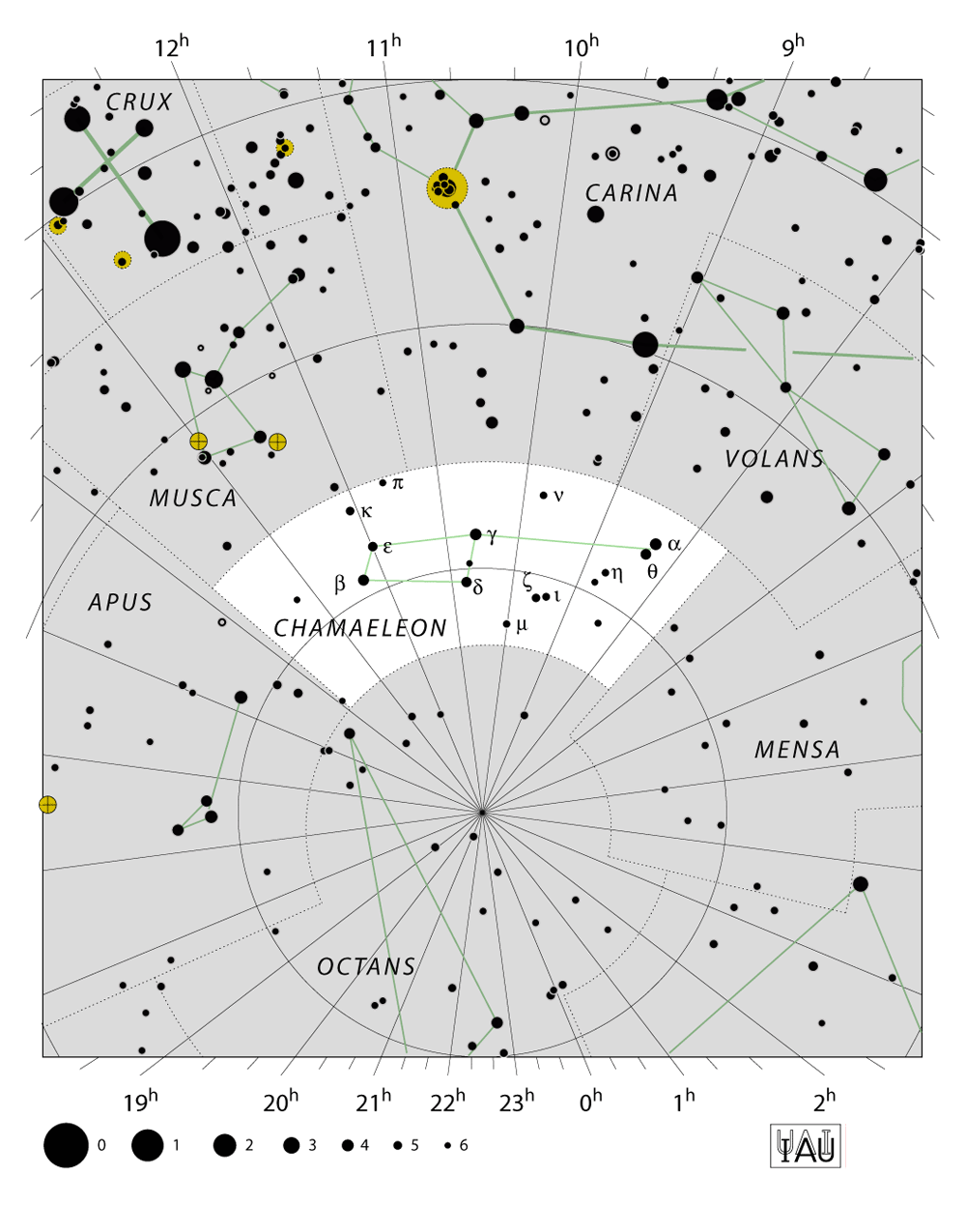 IAU-kaart van het sterrenbeeld Chamaeleon – Kameleon