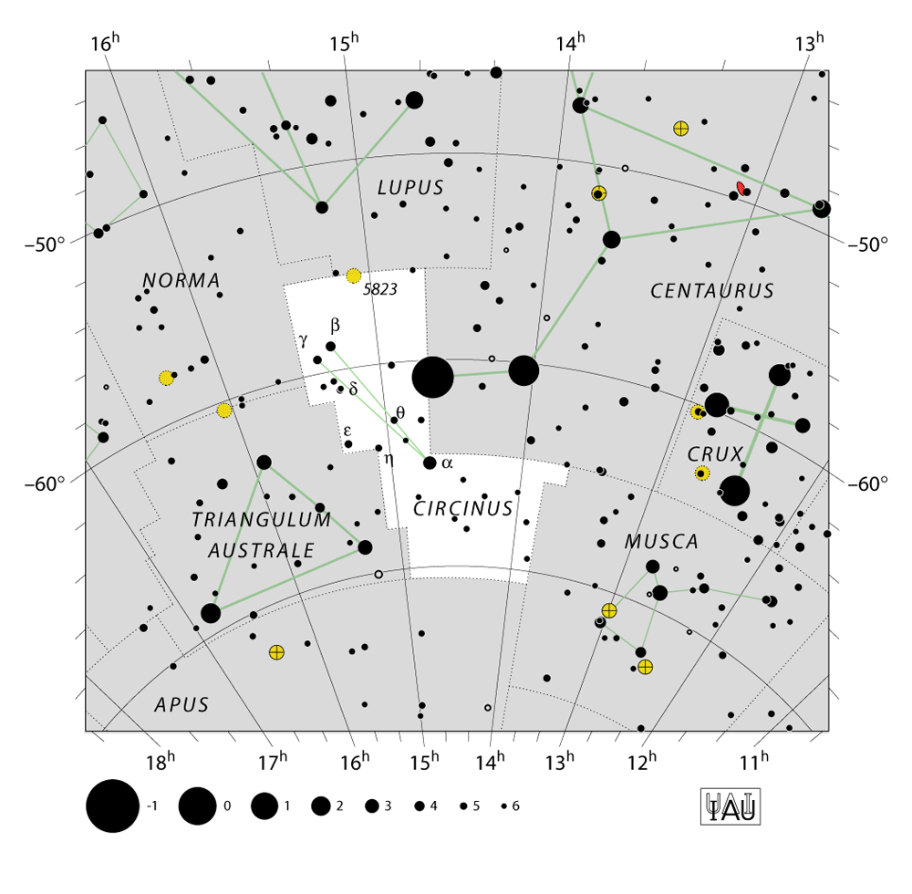IAU-kaart van het sterrenbeeld Circinus – Passer