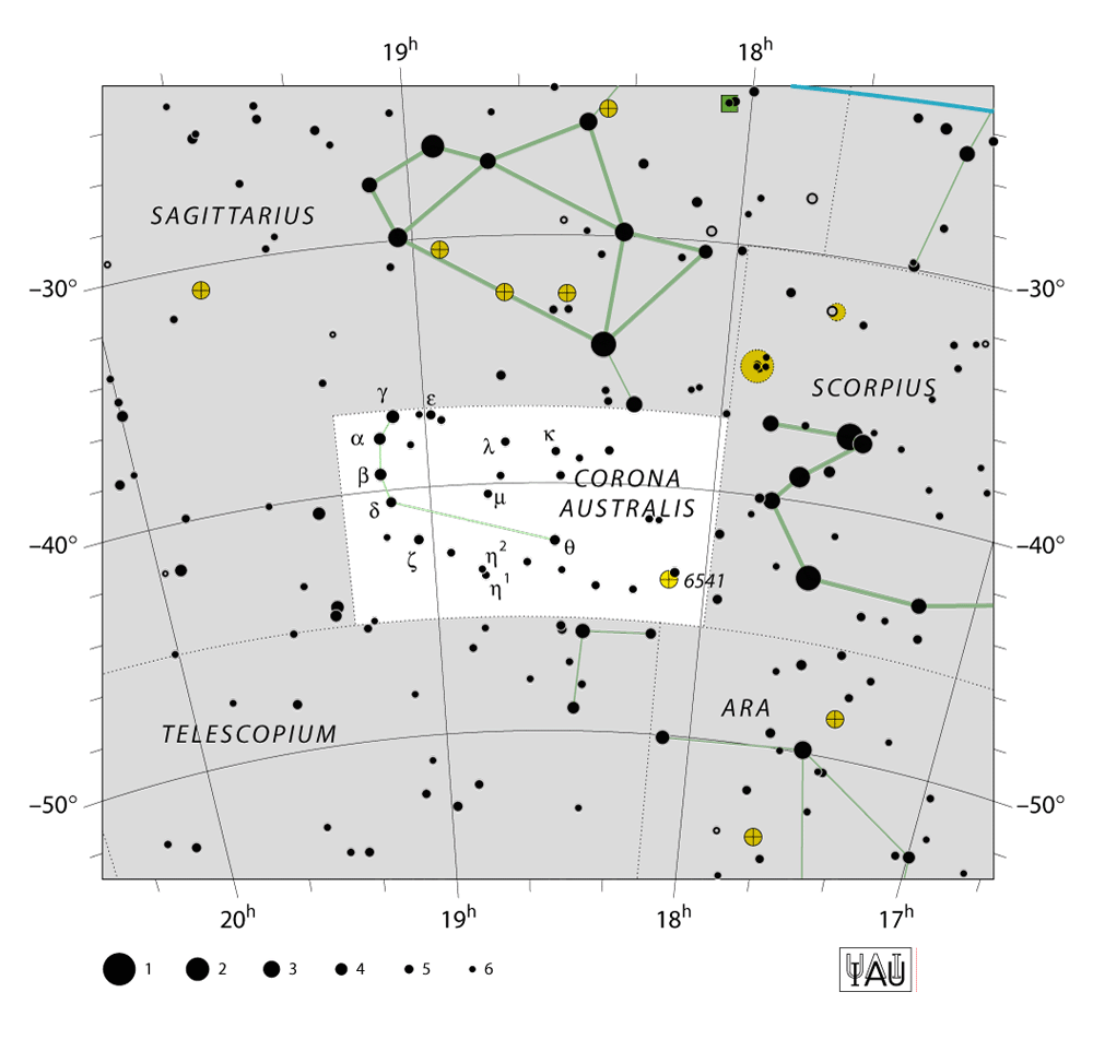 IAU-kaart van het sterrenbeeld Corona Australis – Zuiderkroon