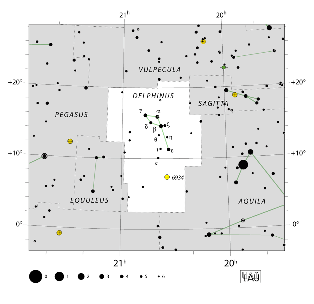 IAU-kaart van het sterrenbeeld Delphinus – Dolfijn