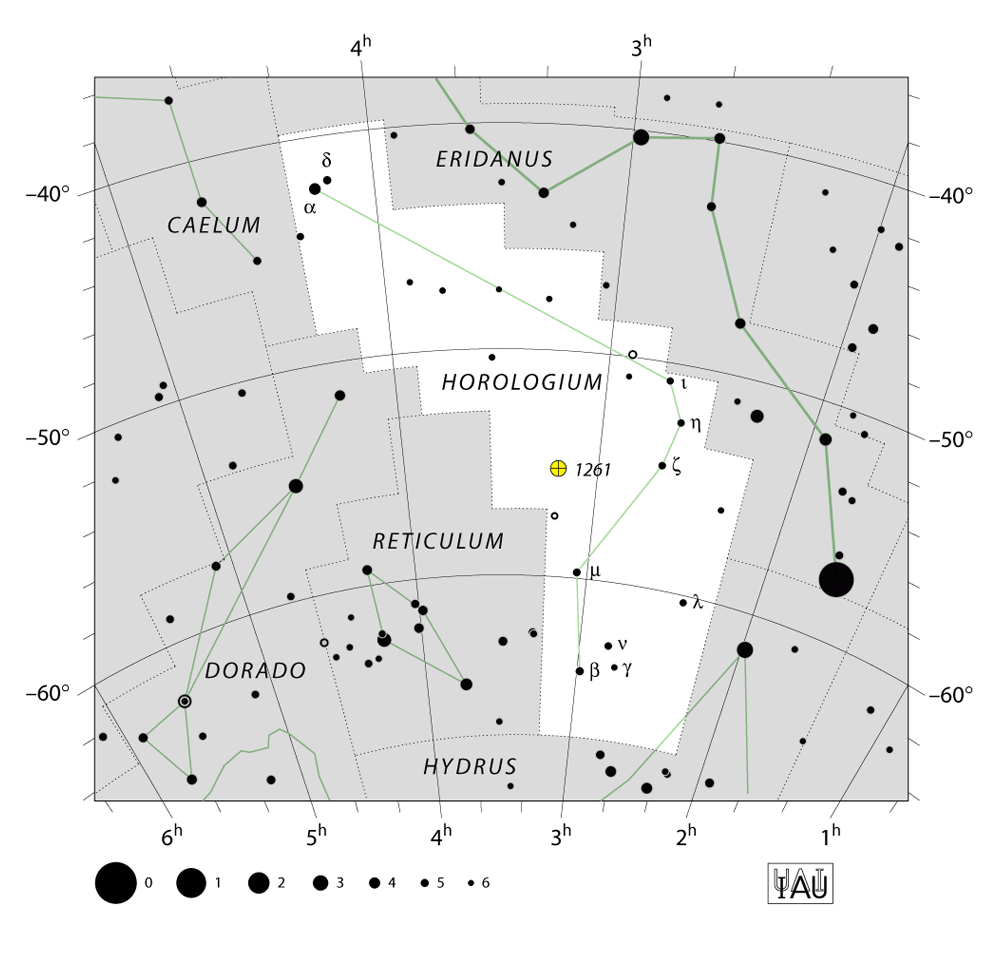 IAU-kaart van he sterrenbeeld Horologium – Slingeruurwerk