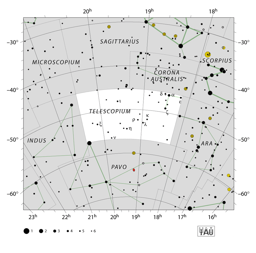 IAU-kaart van het sterrenbeeld Telescopium – Telescoop
