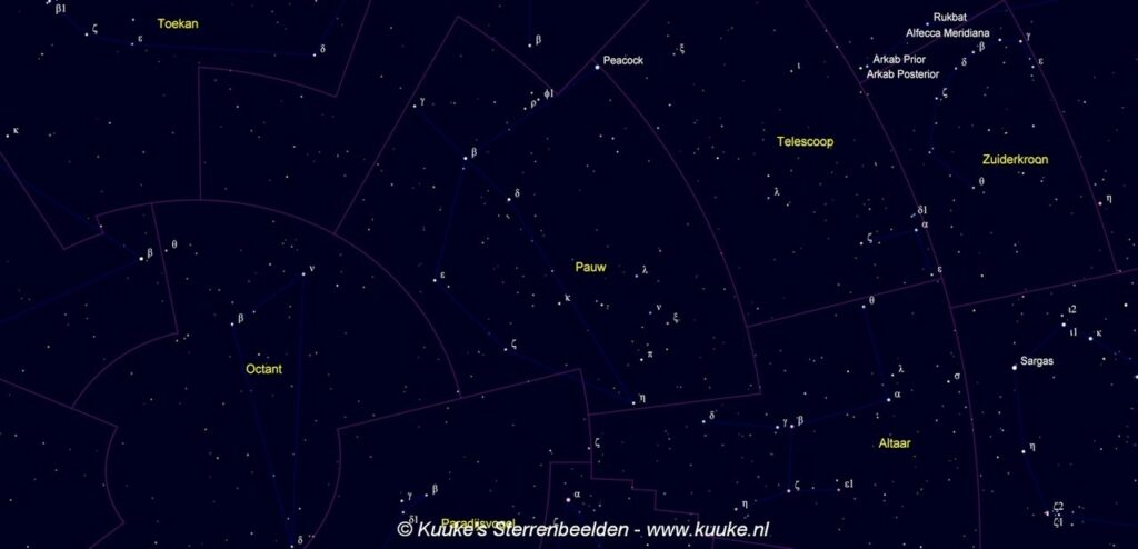 Pavo - Pauw - kaart met de namen van de sterren