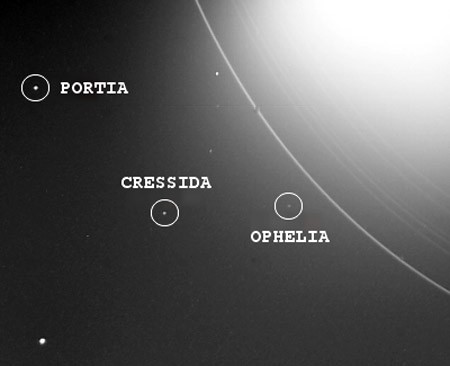 De manen Portia, Cressida en Ophelia in één opname die is gemaakt door de Voyager-2 in 1986