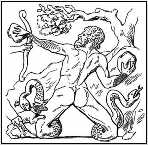 Mythologische afbeelding van Mimas die slangen als benen had.