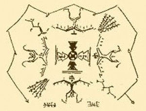 Oude tekening over Ahsonnutli van de Navajo's.