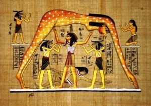 De Egyptische godin Nut, afgebeeld op een rol papyrus