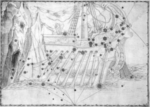 Argo Navis uit de steratlas Uranometria van Johann Bayer die in 1603 verscheen.