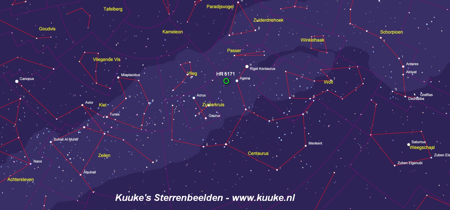 De locatie van HR 5171 in het sterrenbeeld Centaurus