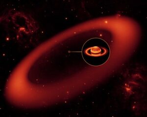 Artist impression van de grote ring om Saturnus