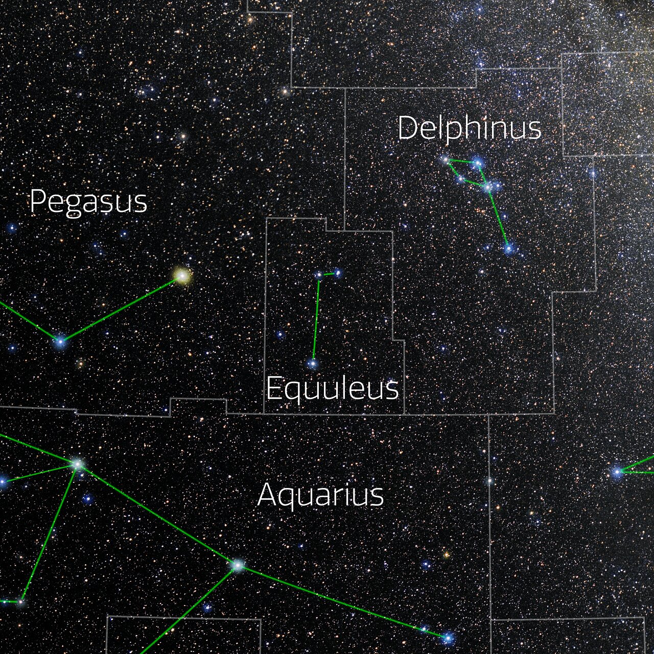 Foto van het sterrenbeeld Equuleus - Veulen met annotaties van de IAU en Sky & Telescope.