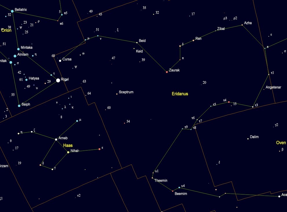 Het sterrenbeeld Eridanus met de namen van de sterren