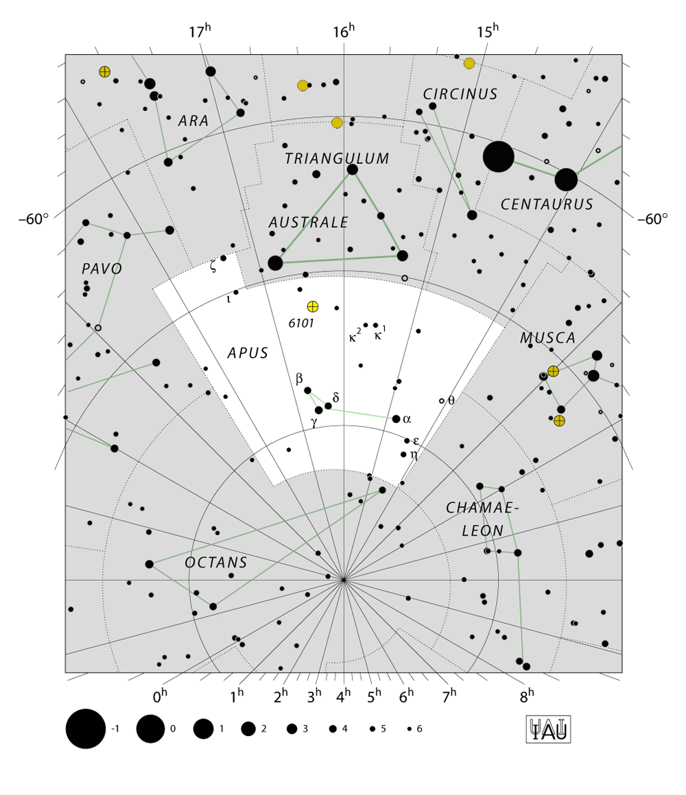 IAU-kaart van het sterrenbeeld Apus - Paradijsvogel
