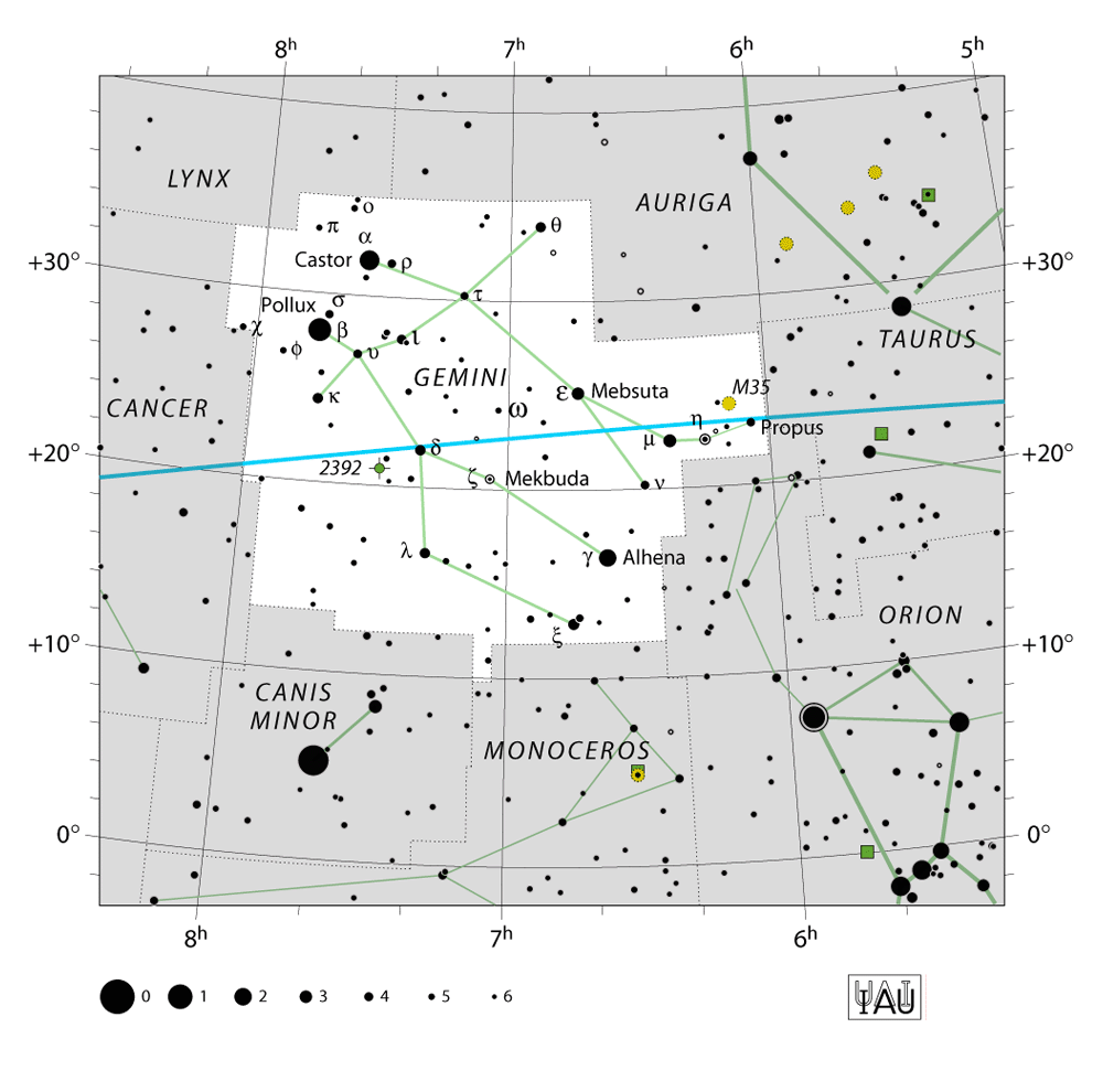 IAU-kaart van het sterrenbeeld Gemini – Tweelingen