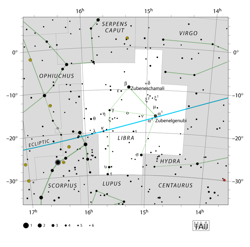 IAU-kaart van het sterrenbeeld Libra – Weegschaal