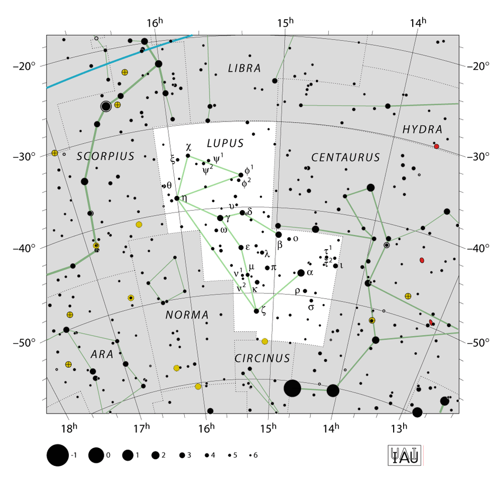 IAU-kaart van het sterrenbeeld Lupus – Wolf