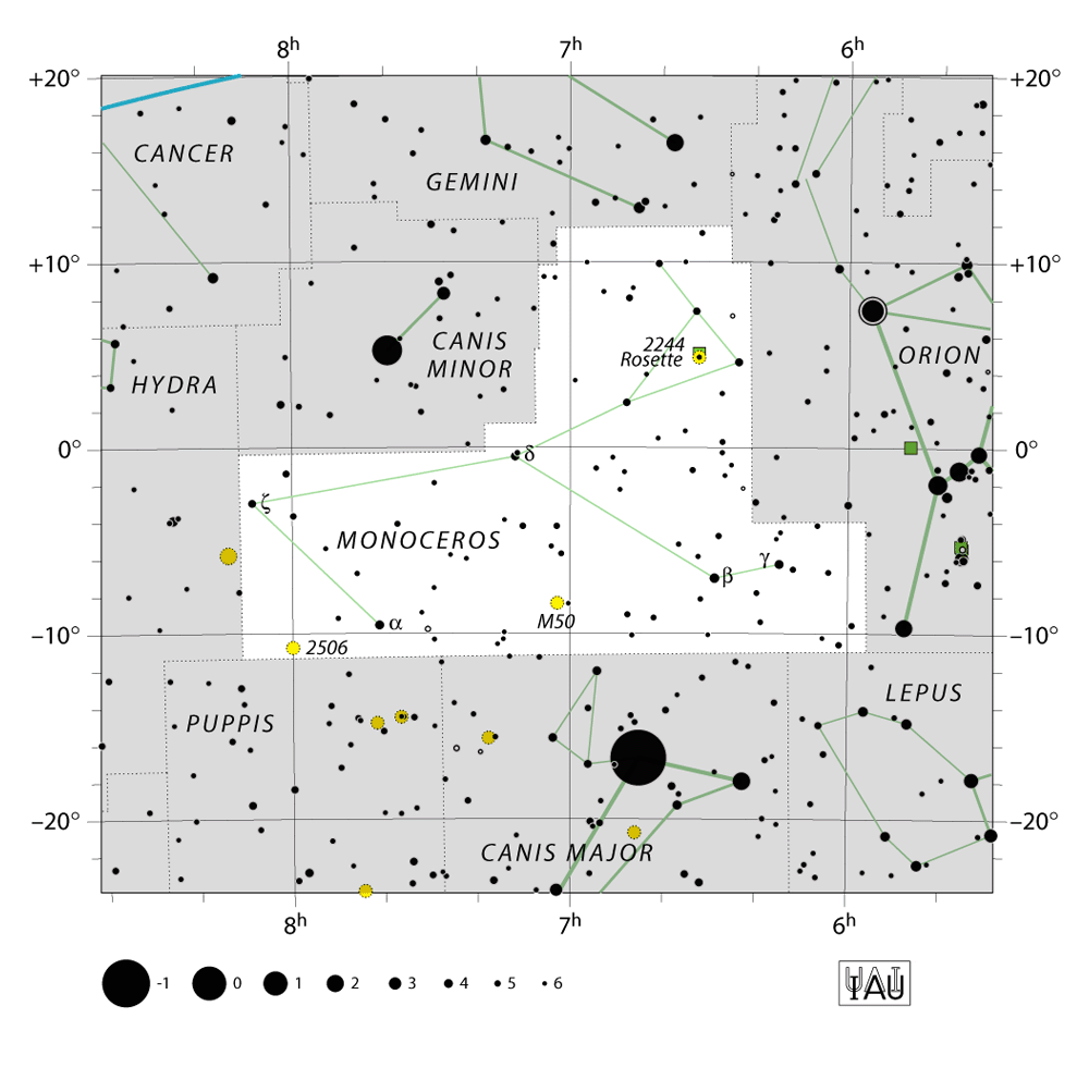 IAU-kaart van het sterrenbeeld Monoceros – Eenhoorn