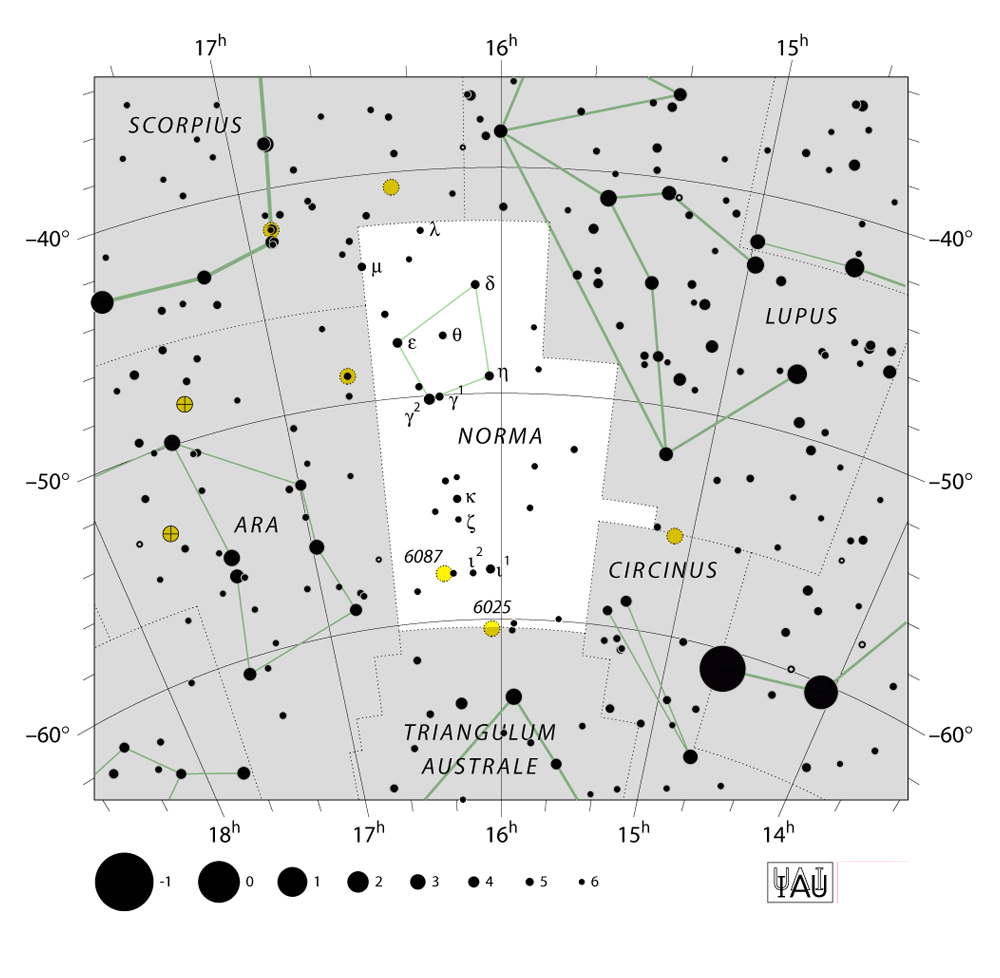 IAU-kaart van het sterrenbeeld Norma – Winkelhaak