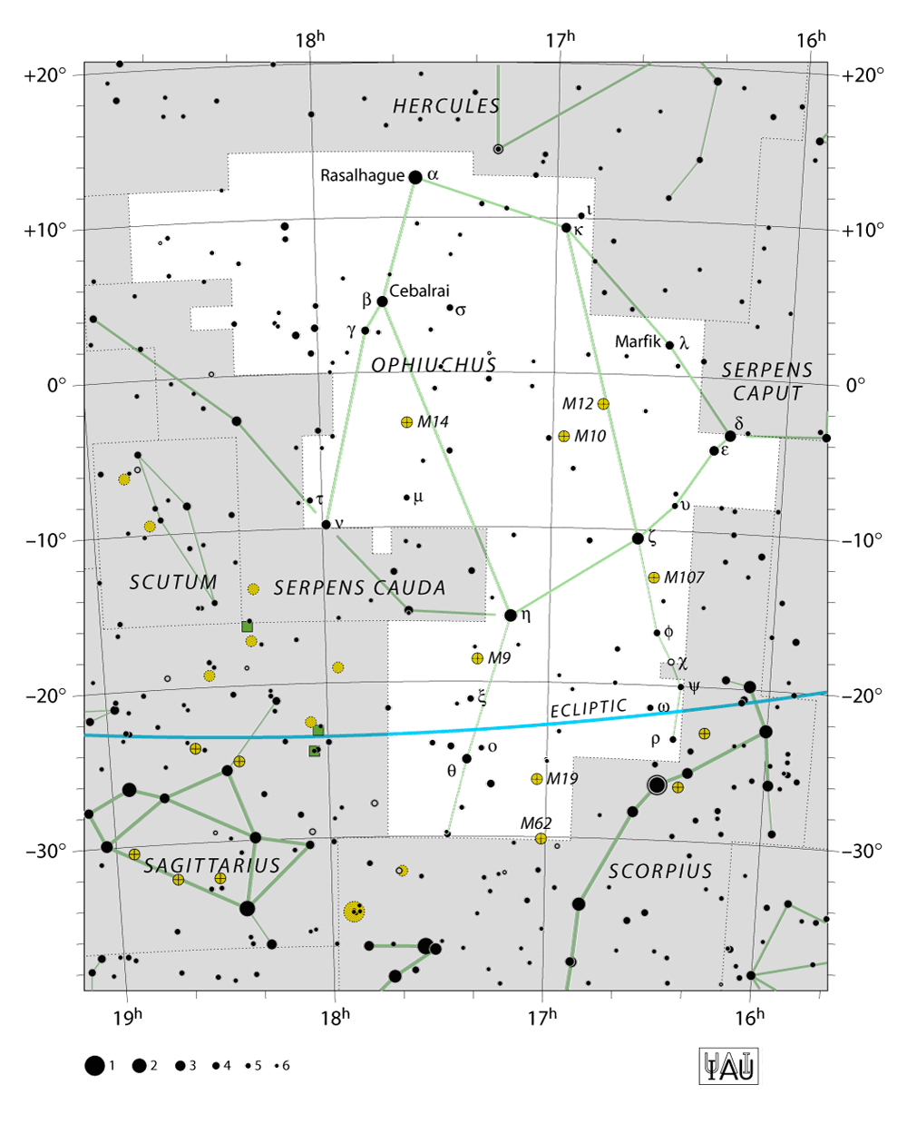 IAU-kaart van het sterrenbeeld Ophiuchus – Slangendrager