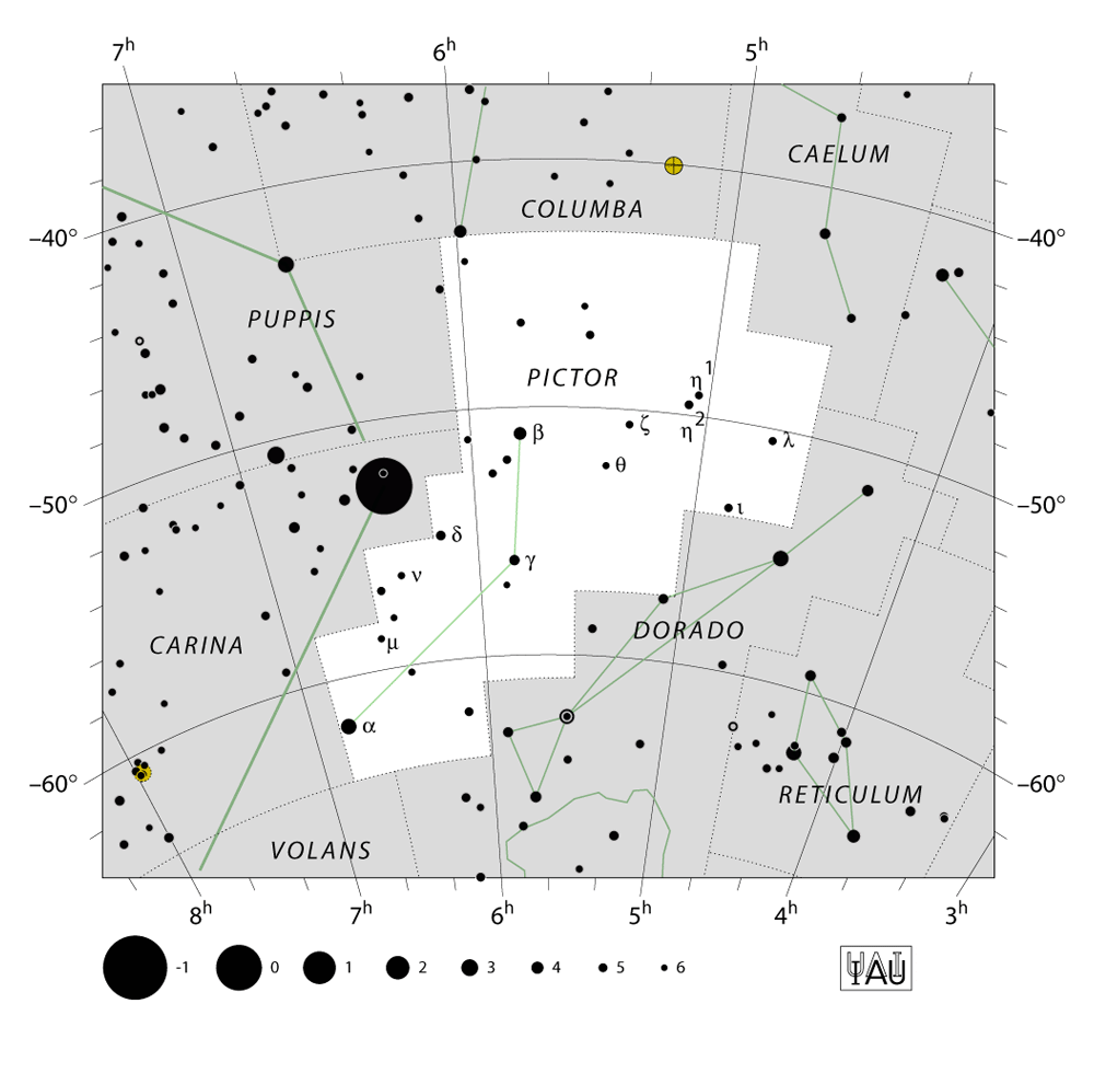 IAU-kaart van het sterrenbeeld Pictor – Schilder