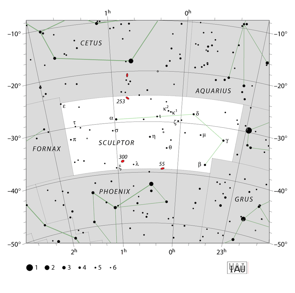 IAU-kaart van het sterrenbeeld Sculptor – Beeldhouwer