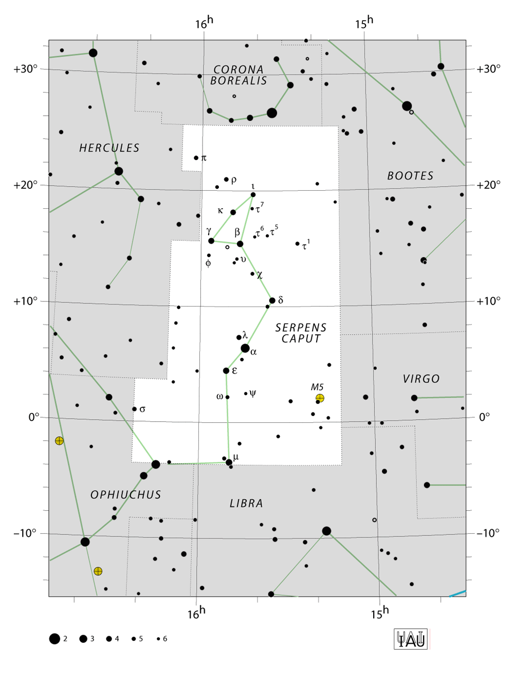 IAU-kaart van het sterrenbeeld Serpens (Caput) – Slang