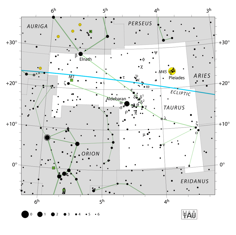 IAU-kaart van het sterrenbeeld Taurus – Stier