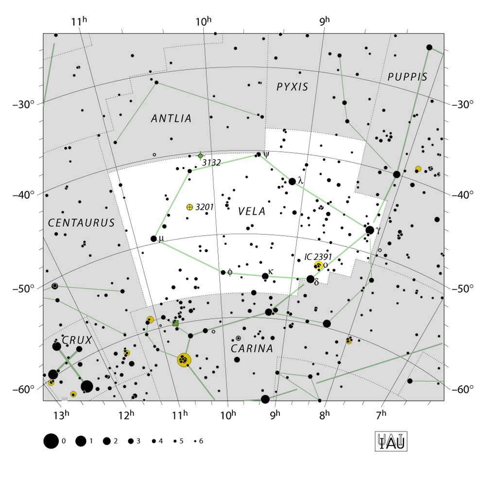 IAU-kaart van het sterrenbeeld Vela – Zeilen