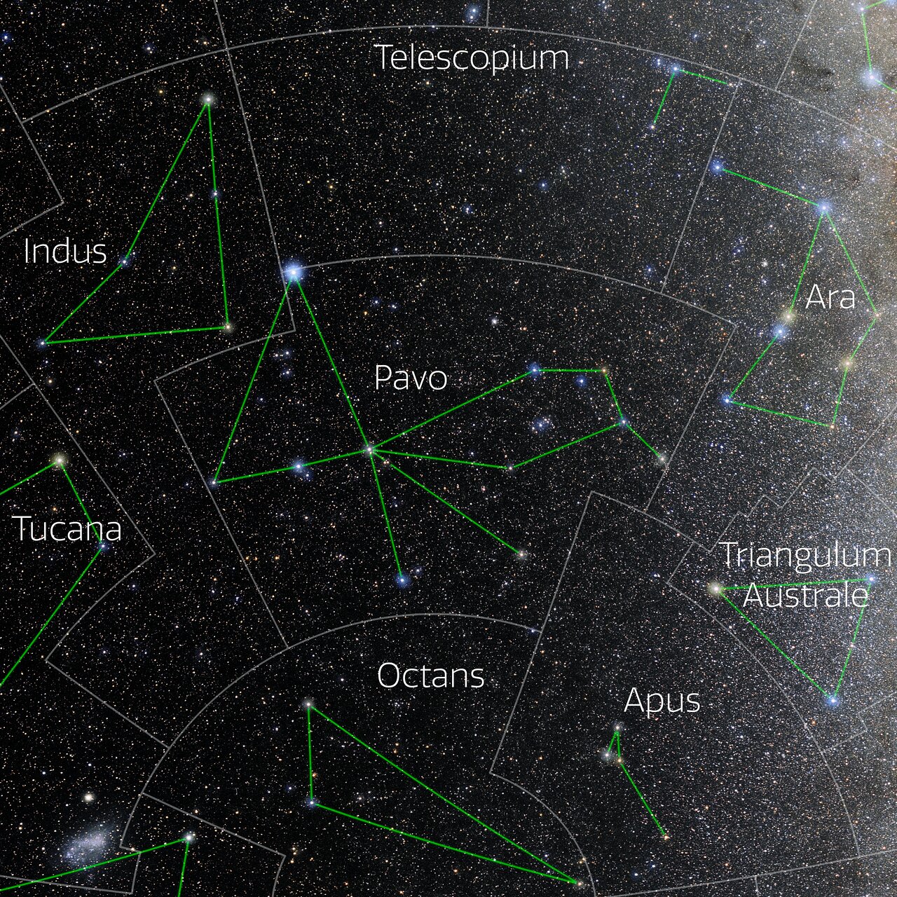 Foto van het sterrenbeeld Pavo - Pauw met annotaties van de IAU en Sky & Telescope.