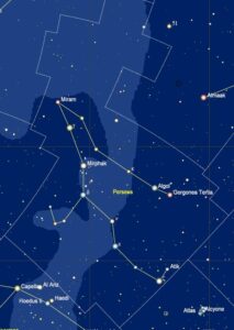 het sterrenbeeld Perseus met de namen van de sterren
