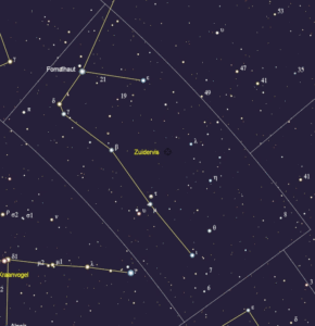 Het sterrenbeeld Piscis Austrinus met de namen van de sterren