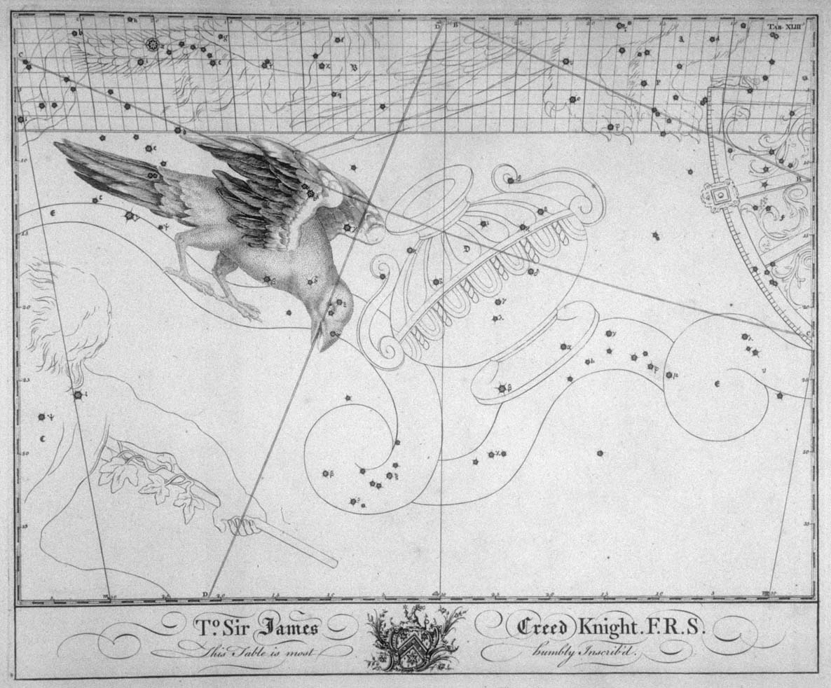 Klassieke afbeelding van het sterrenbeeld Corvus uit de steratlas van John Bevis