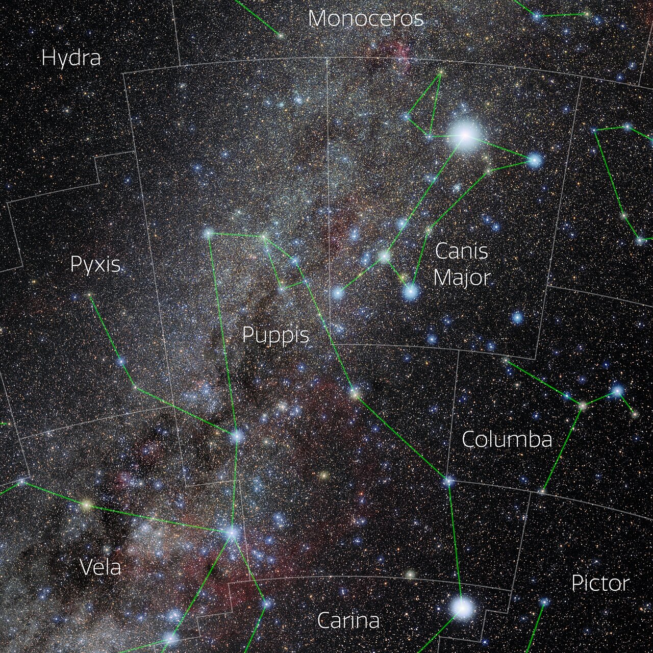 Foto van het sterrenbeeld Puppis - Achtersteven met annotaties van de IAU en Sky & Telescope.