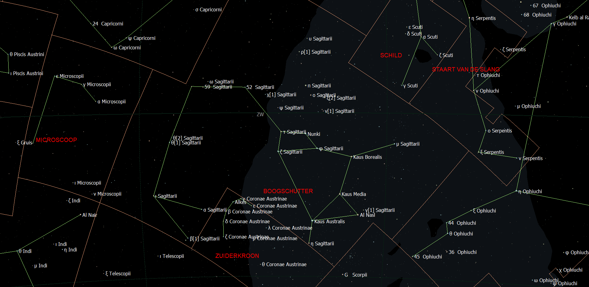Kaart van het sterrenbeeld Sagittarius - Boogschutter met de namen van de sterren.
