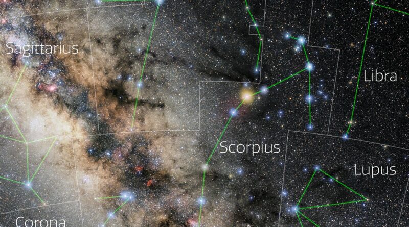 Foto van het sterrenbeeld Scorpius - Schorpioen met annotaties van de IAU en Sky & Telescope.