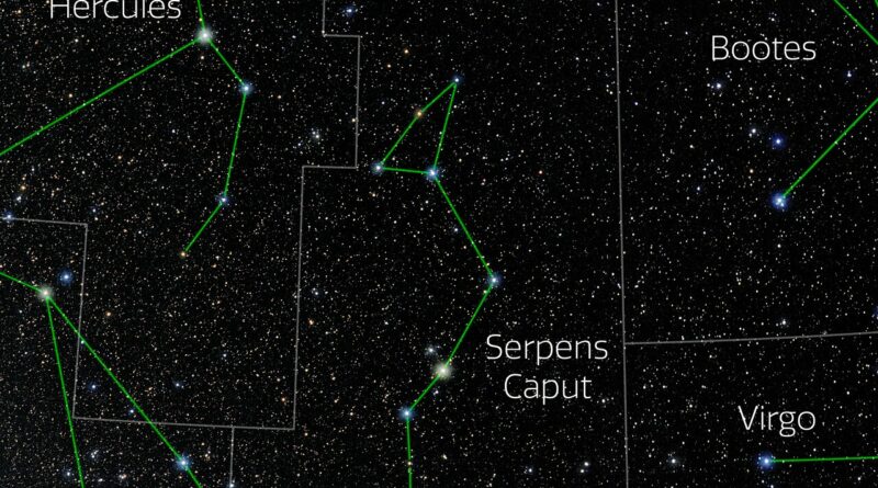 Foto van het sterrenbeeld Serpens - Slang met annotaties van de IAU en Sky & Telescope.