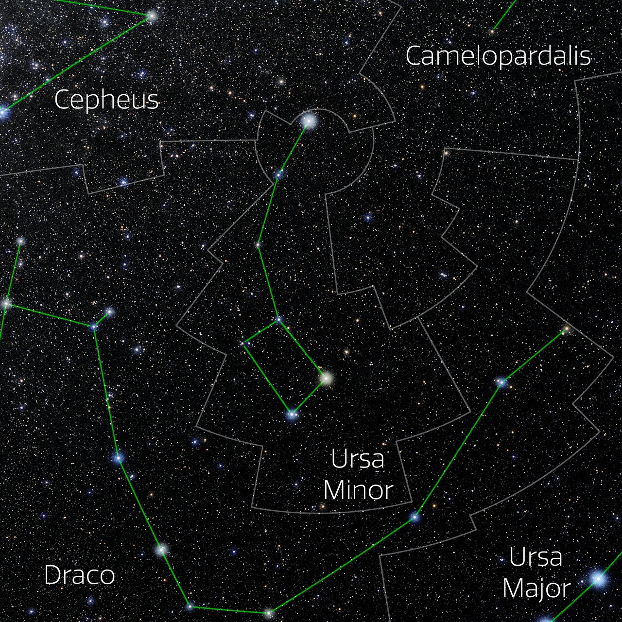 Foto van het sterrenbeeld Kleine Beer - Ursa Minor met annotaties van de IAU en Sky & Telescope.