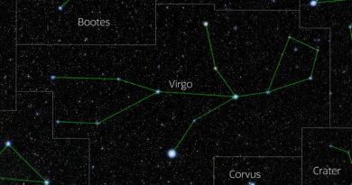 Foto van het sterrenbeeld Virgo - Maagd met annotaties van de IAU en Sky & Telescope.