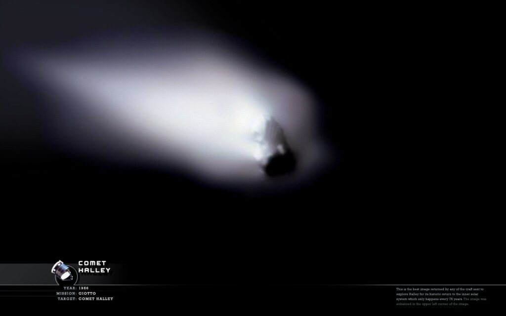 De krn van komeet Halley gefotografeerd door de Europese ruimtesonde Giotti