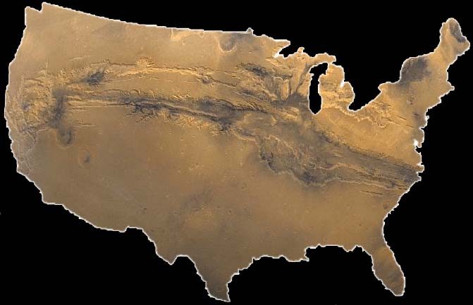 De grootte van Valles Marineris vergeleken met de grootte van de Verenigde Staten