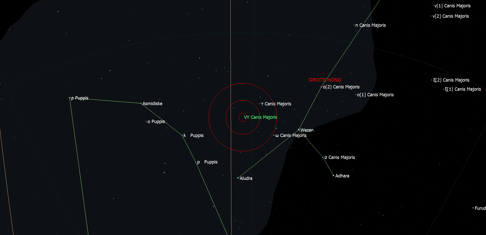De positie van VY Canis Majoris in het sterrenbeeld Canis Major - Grote Hond.