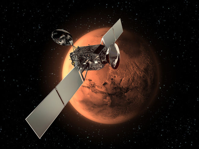 De Trace Gas Orbiter in een baan om Mars