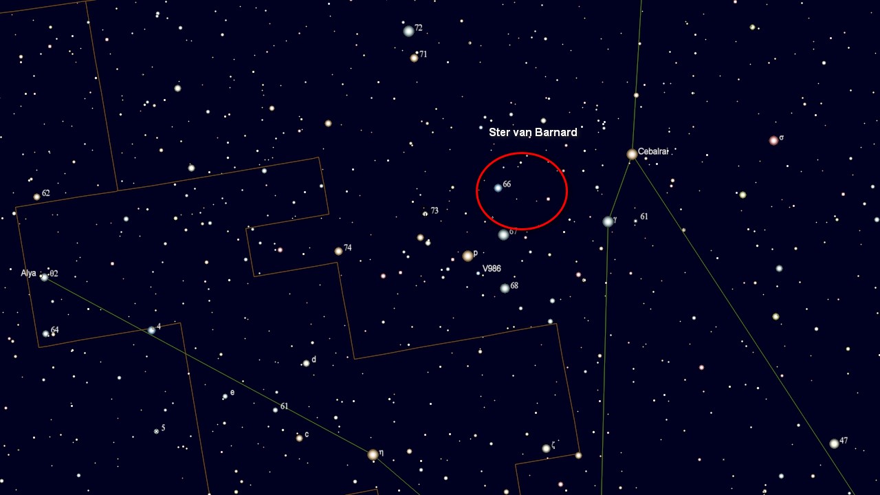 Zoekkaart voor de ster van Barnard in het sterrenbeeld Ophiuchus