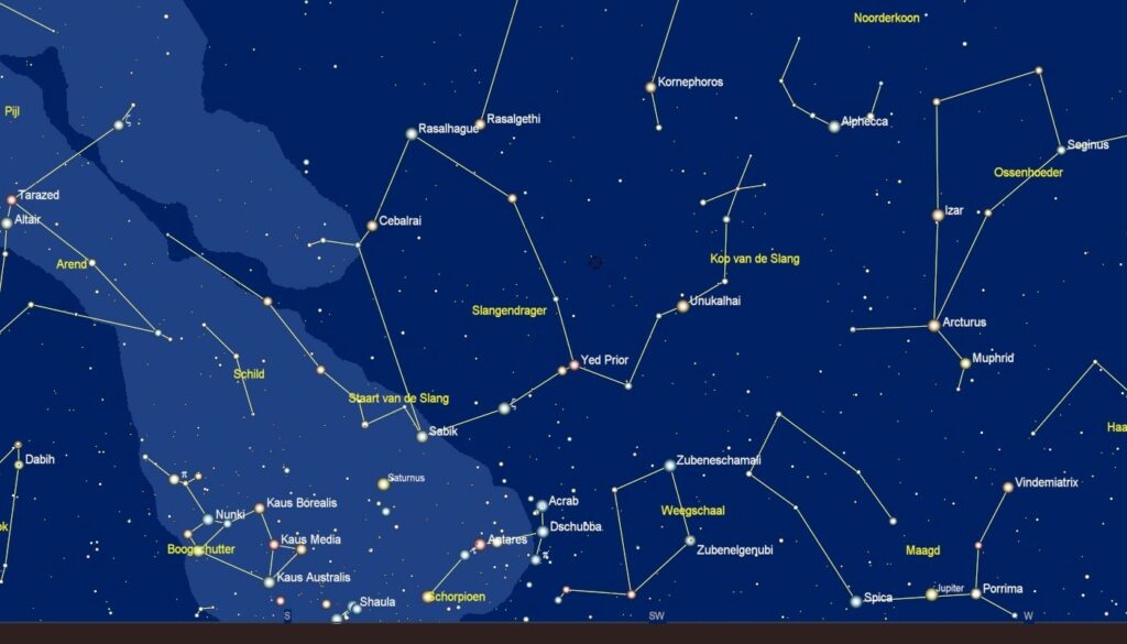 zoekkaart voor het sterrenbeeld Ophiuchus - Slangendrager