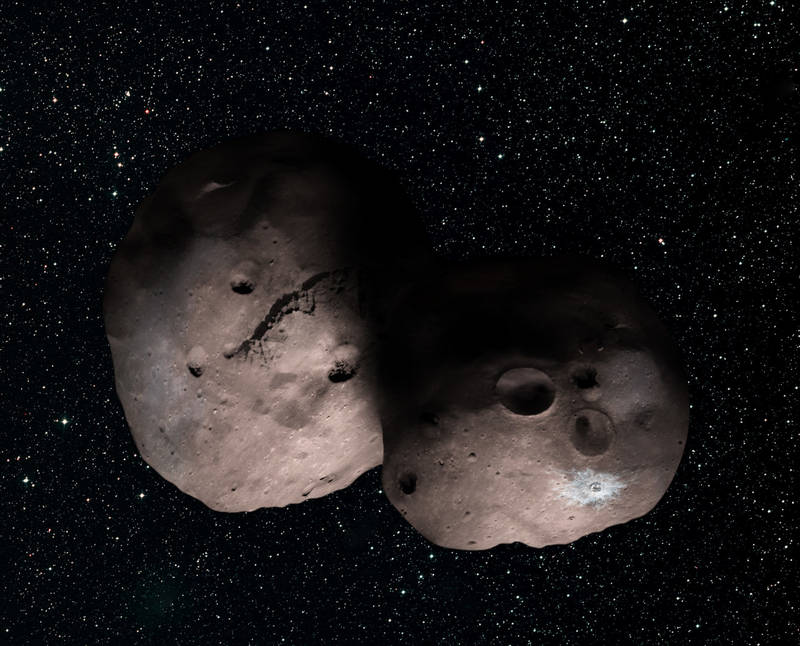 Artist impression van 2014 MU69 inden dit object uit twee verschillende objecten zou bestaan. Credit: NASA/JHUAPL/SwRI/Alex Parker