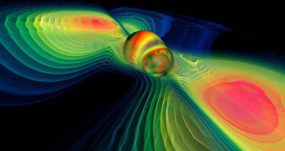 Computersimulatie van twee fuserende zwarte gaten